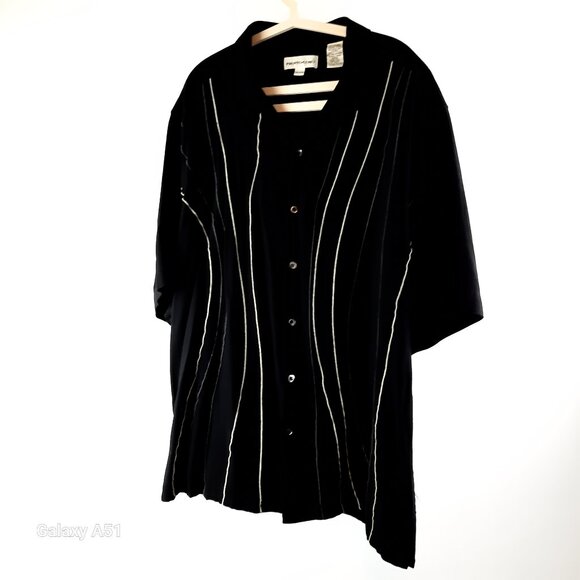 Holiday Party Black Short Sleeve Pin Striped Casual Rayon Dress Shirt - Picture 1 of 8